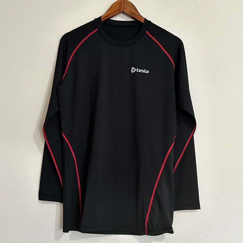 Tesla Shirt Mens Long Sleeve‎ 2XL Black Red Crew Neck Fitted Compression